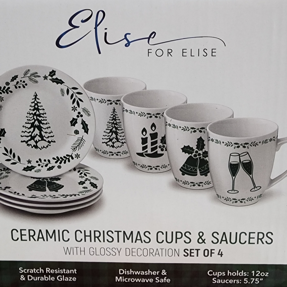 Ceramic Christmas Cups & Saucers Set of 4 - Green and White